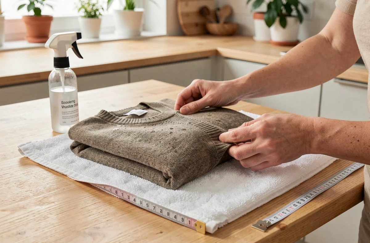 Pull en laine mouillé étalé à plat pour séchage et remise en forme après un lavage délicat