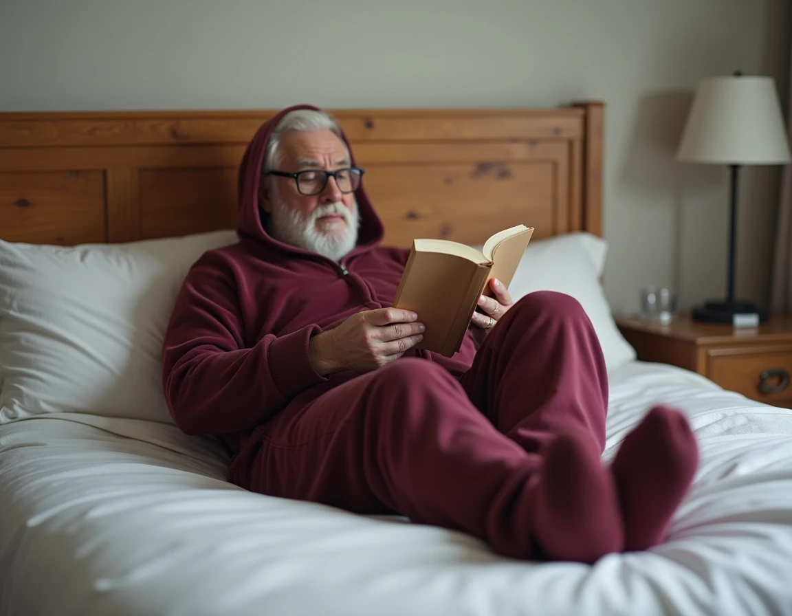 Homme &acirc;g&eacute; en pyjama grenouill&egrave;re bordeaux allong&eacute; sur un lit en train de lire, ambiance reposante et confort de nuit pour senior