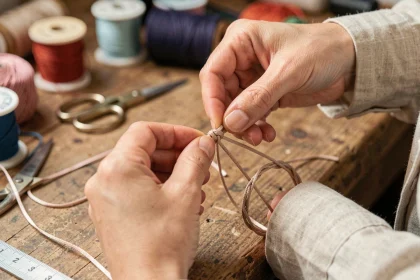 Mains féminines en gros plan réalisant un nœud coulissant sur un bracelet en cordelette cirée, atelier artisanal en arrière-plan