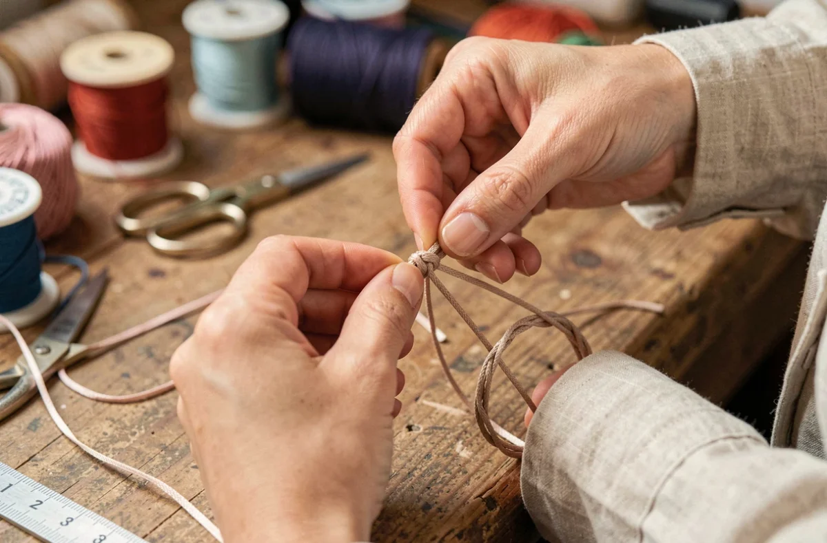 Mains féminines en gros plan réalisant un nœud coulissant sur un bracelet en cordelette cirée, atelier artisanal en arrière-plan