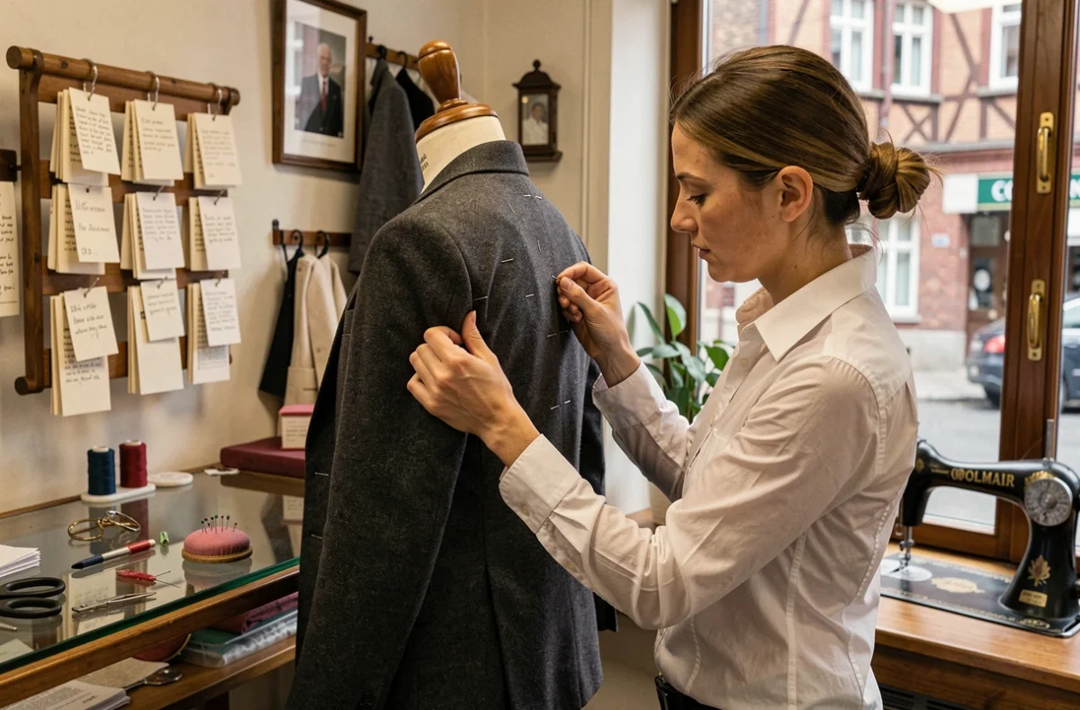 Couturière de Retouches Turenne à Colmar ajustant un blazer gris sur un mannequin de couture