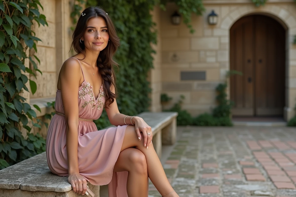 Femme assise en robe courte chiffon bohème rose poudré avec broderies florales dans la cour d'un château pour un mariage chic