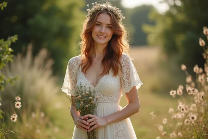 Femme portant une robe courte cocktail bohème chic en dentelle ivoire dans un jardin fleuri pour un mariage en plein air