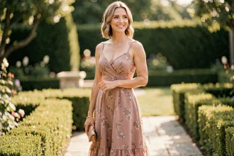 Femme portant une robe courte rose poudré à l'occasion d'un mariage en extérieur dans un jardin élégant