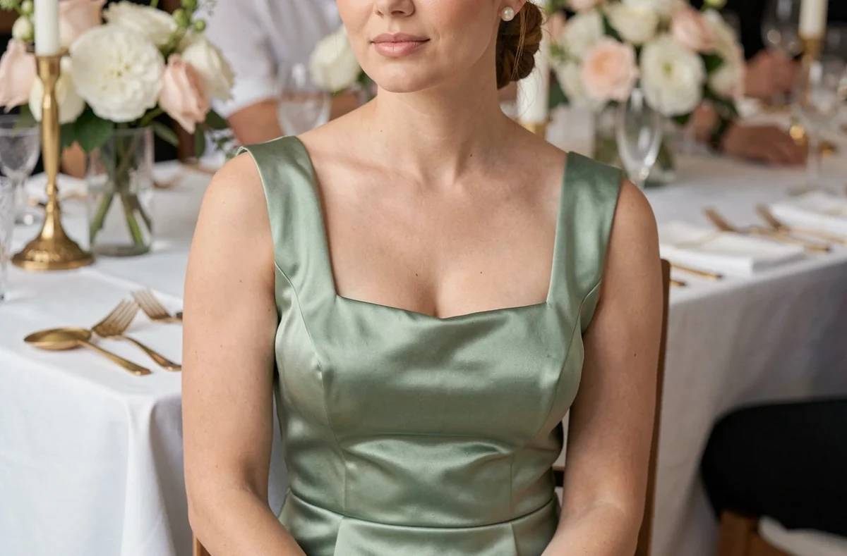 Invitée de mariage en robe courte vert sauge satiné assise à une table de réception décorée