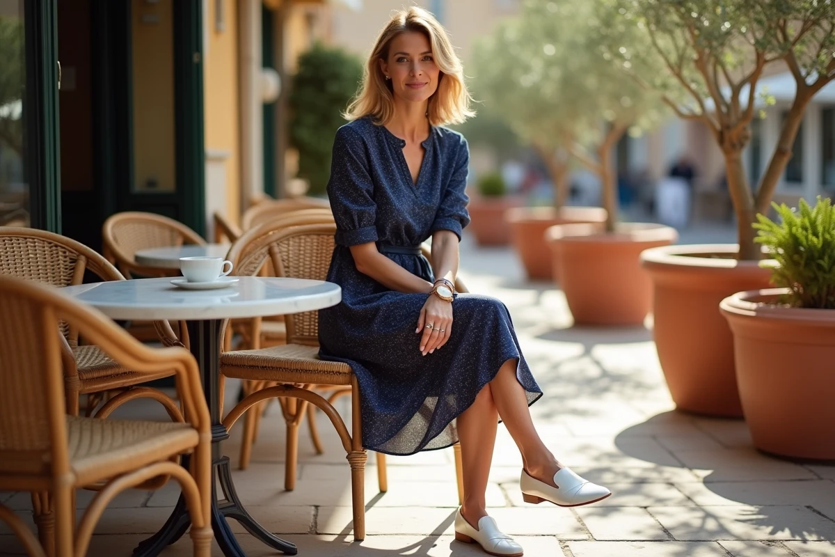 Femme de 45 ans en robe bleue à imprimé floral portant des mocassins blancs à talon bloc en terrasse de café méditerranéen