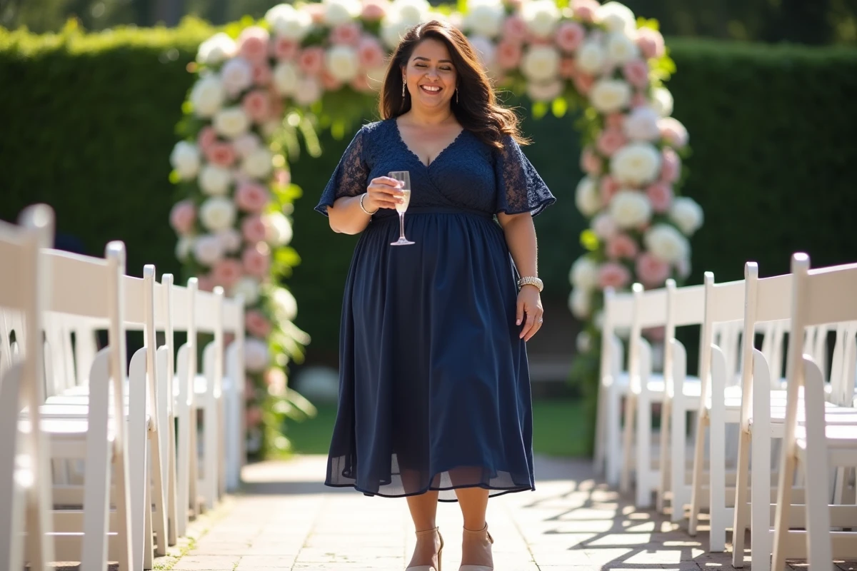 Femme ronde souriante en robe mi-longue bleu marine à col en dentelle lors d'une réception de mariage en plein air