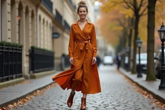 Femme élégante de 40 ans portant une robe midi portefeuille terracotta avec des bottines en cuir cognac dans une rue pavée parisienne en automne