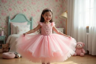 Petite fille en robe de princesse rose à jupe en tulle qui tourne dans une chambre décorée, illustrant le choix entre location et achat de déguisement