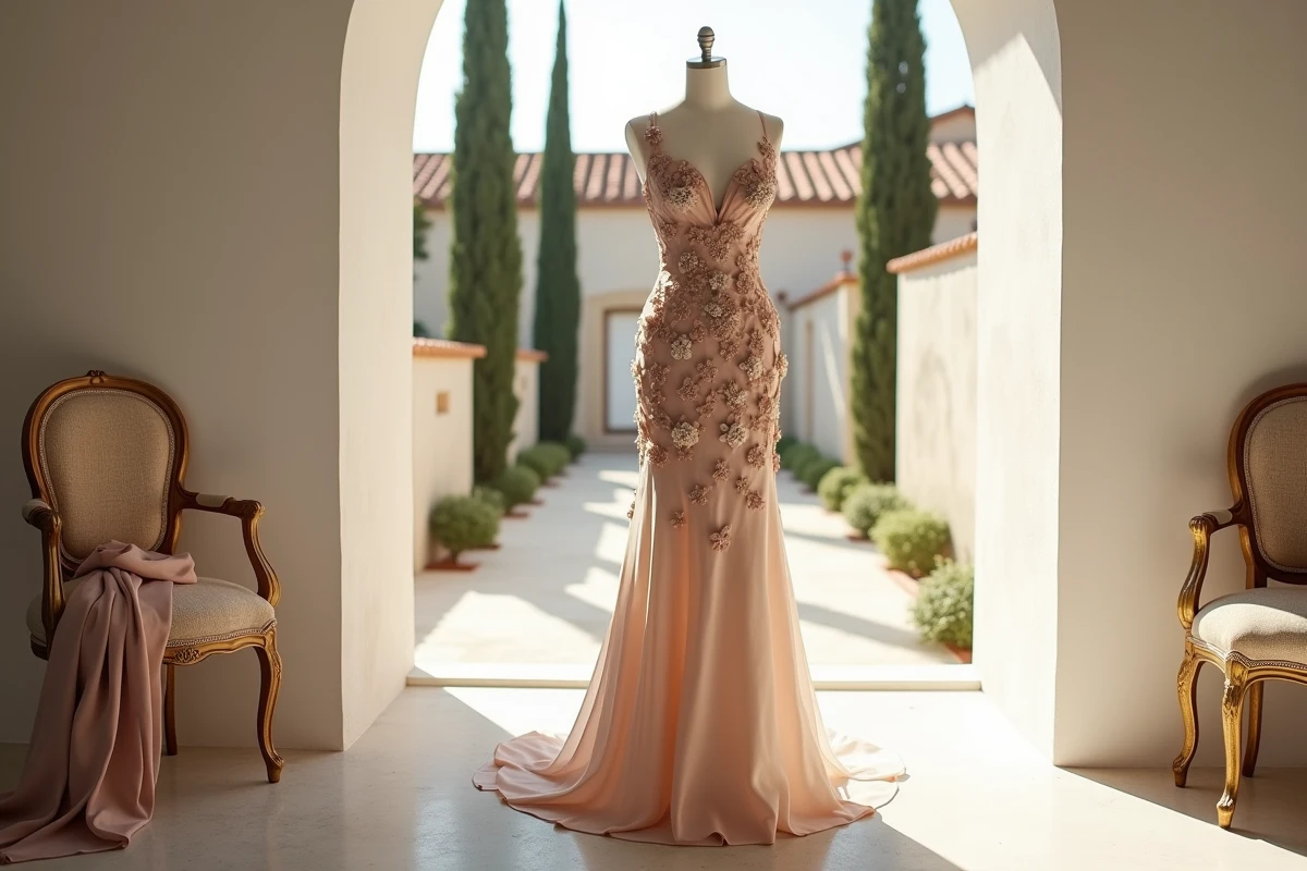 Robe de soirée haute couture sur mesure exposée dans un atelier de Salon-de-Provence avec vue sur la Provence