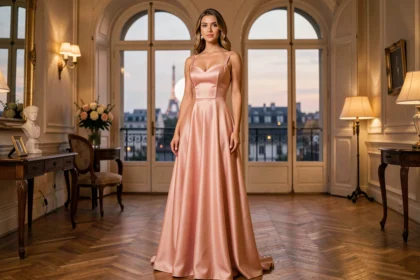 Femme avec une morphologie en sablier portant une longue robe de soirée rose poudré ajustée dans un appartement parisien élégant