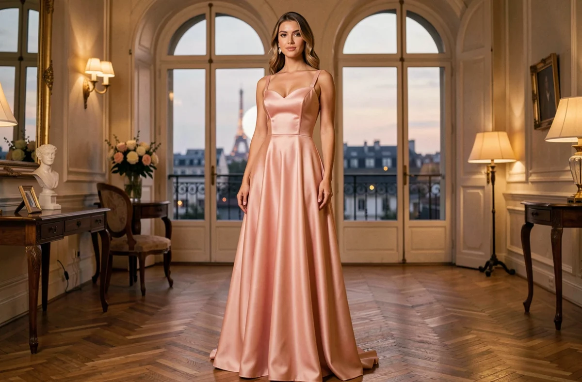 Femme avec une morphologie en sablier portant une longue robe de soirée rose poudré ajustée dans un appartement parisien élégant