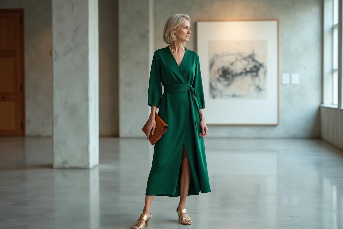Femme élégante de 48 ans en robe portefeuille vert forêt avec sandales à kitten heel dorées dans une galerie d'art contemporain