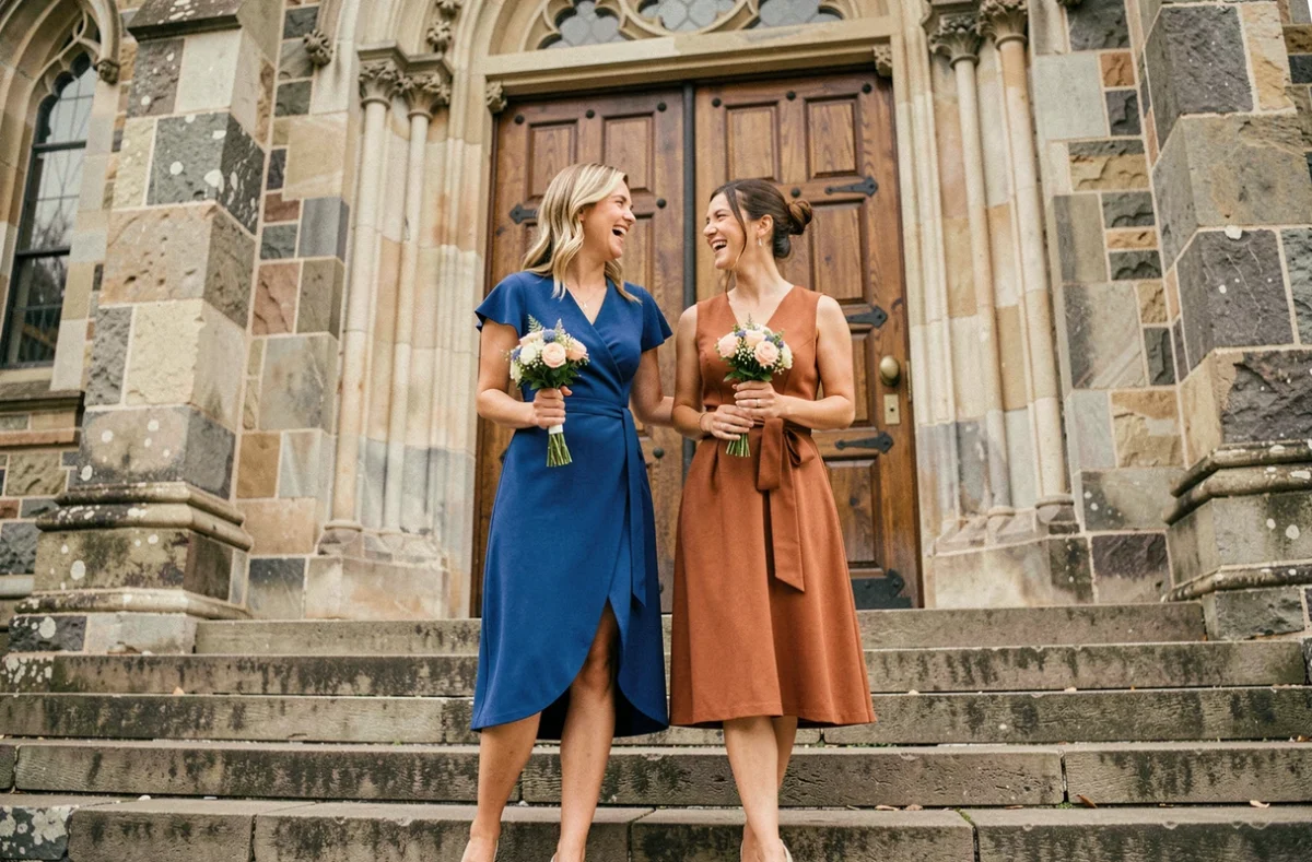 Deux invitées de mariage en robes courtes bleue et terracotta devant une église en pierre