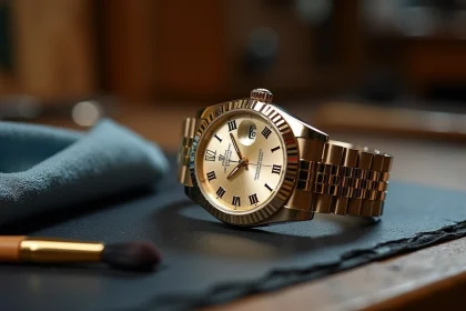 Montre Rolex Datejust posée sur une surface en ardoise avec chiffon microfibre et brosse de révision, entretien horloger professionnel