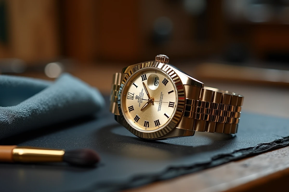 Montre Rolex Datejust posée sur une surface en ardoise avec chiffon microfibre et brosse de révision, entretien horloger professionnel