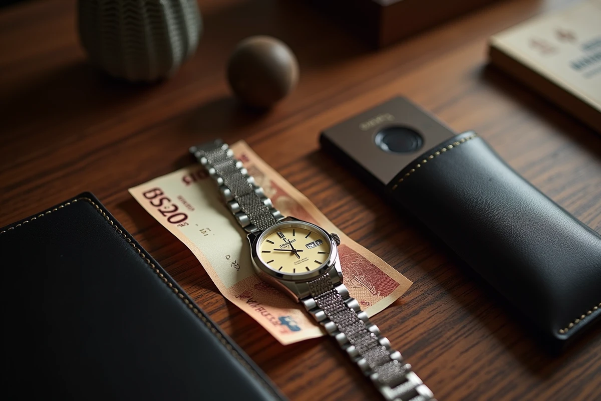 Montre Rolex posée avec certificat d'authenticité et francs suisses sur un bureau en bois