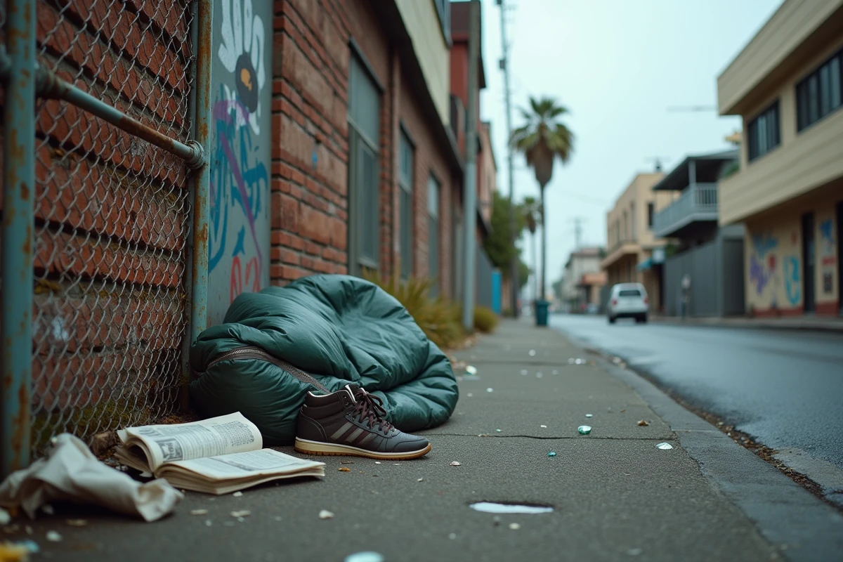 Ruelle de Hollywood avec effets de la vie à la rue, contrastant précarité et glamour de Los Angeles