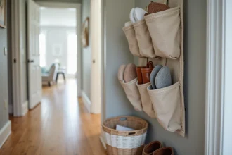 Organisateur de chaussures en tissu accroché dans l'entrée d'une location saisonnière moderne avec parquet en chêne