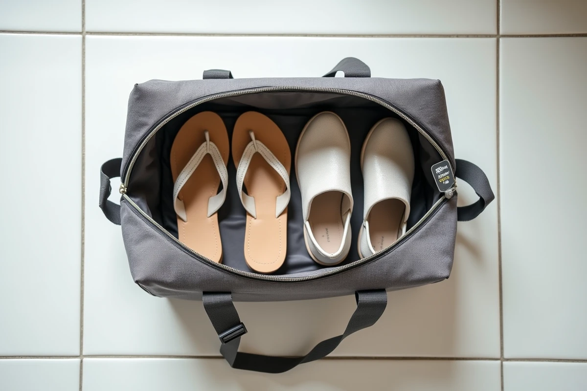 Vue aérienne d'un sac de rangement chaussures en toile grise ouvert sur le sol carrelé d'une location de vacances