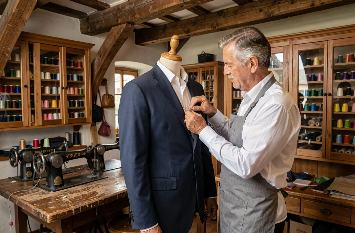 Tailleur Samson à Strasbourg cousant à la main le revers d'un costume masculin sur mesure