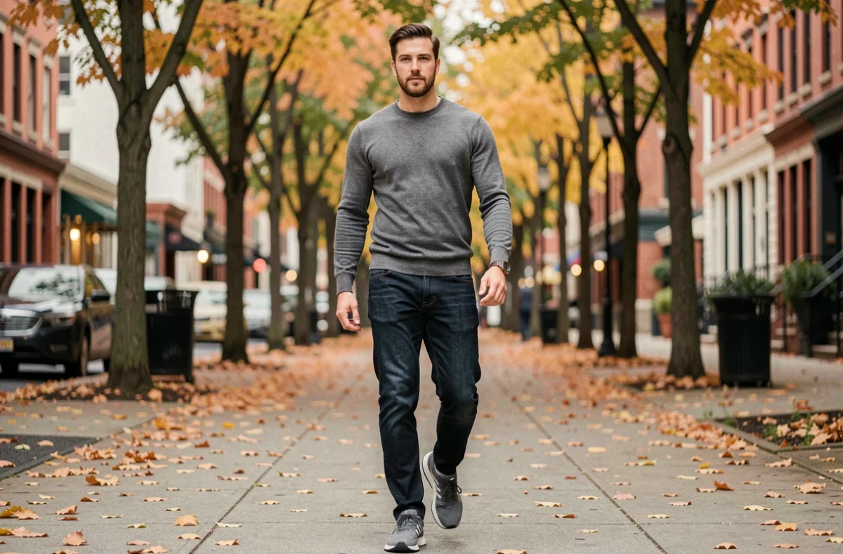 Homme marchant en ville avec des sneakers ergonomiques et confortables en automne sur un trottoir urbain