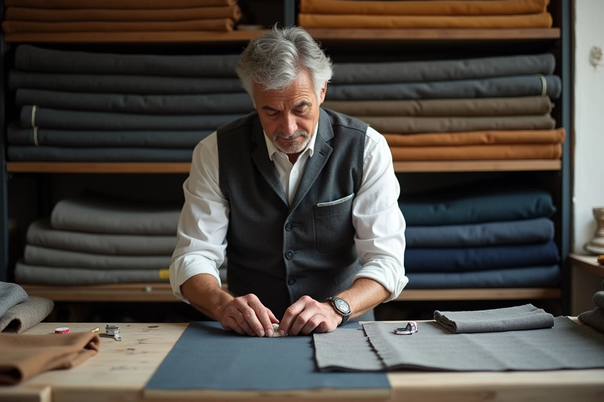 Tailleur professionnel analysant des échantillons de tissu sur une table de coupe dans un atelier de couture niçois