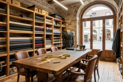 Atelier de tailleur sur mesure dans le Grand Est avec des rouleaux de tissu, un mannequin habillé et une table de coupe