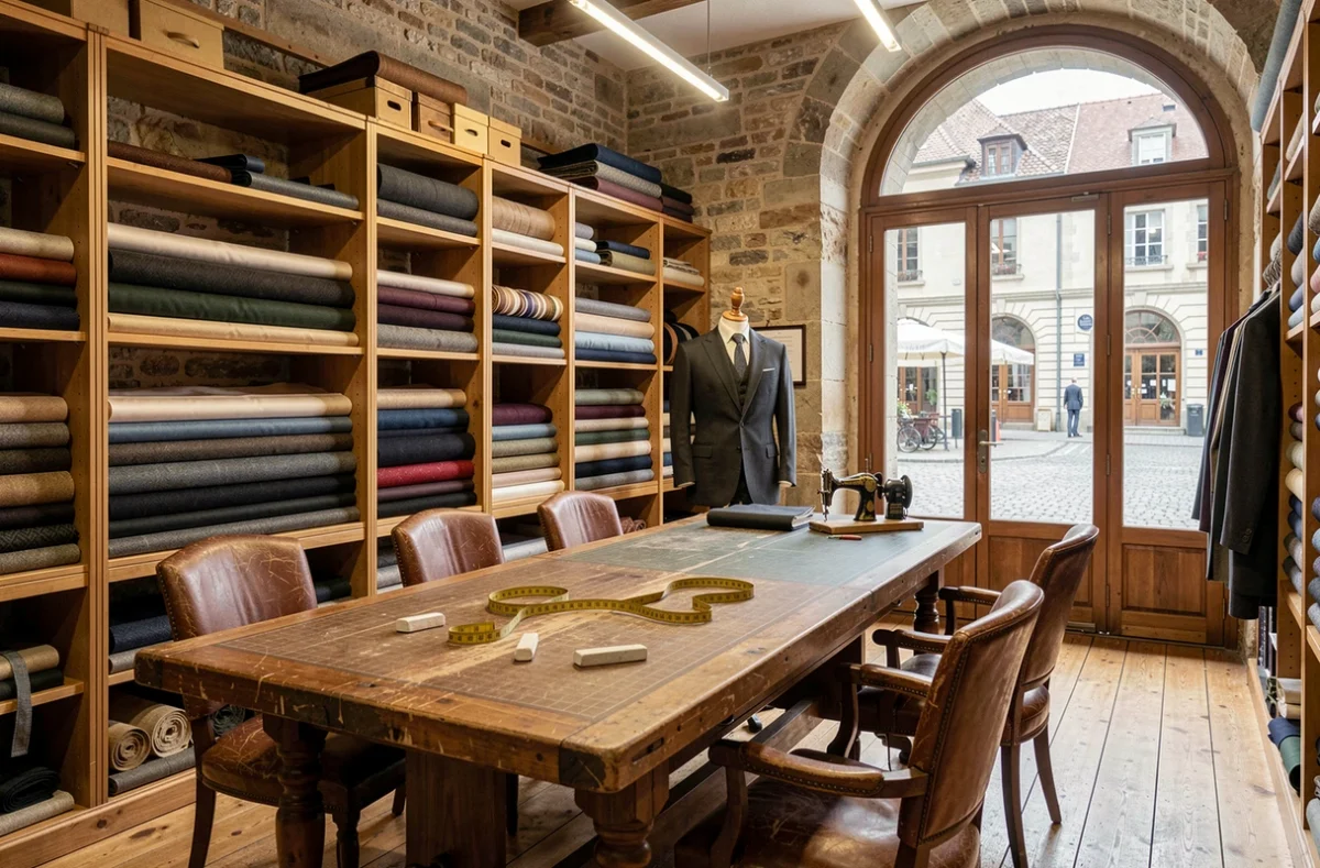 Atelier de tailleur sur mesure dans le Grand Est avec des rouleaux de tissu, un mannequin habillé et une table de coupe