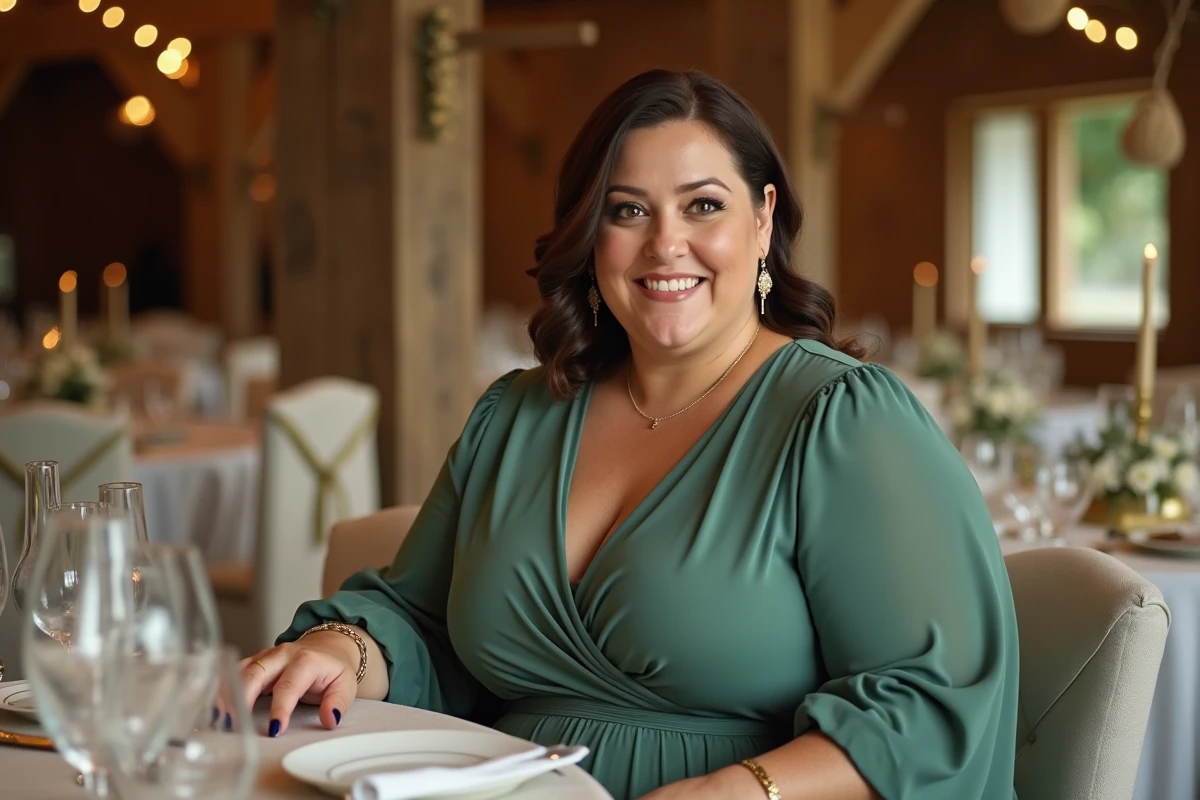 Femme ronde habillée en robe vert sauge à manches longues assise à une table de mariage dans une grange décorée