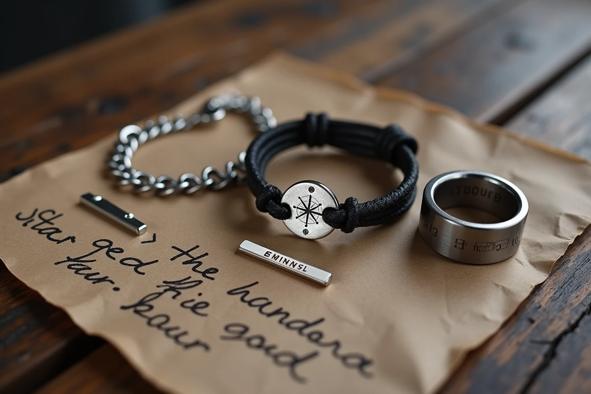 Trio de bijoux personnalisables pour homme posés à plat sur bois brut incluant bracelet gravé chevalière et bracelet cuir avec symbole