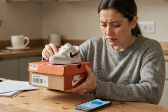 Femme vérifiant le code UPC sur une boîte de chaussures Nike avec son smartphone