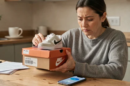 Femme vérifiant le code UPC sur une boîte de chaussures Nike avec son smartphone