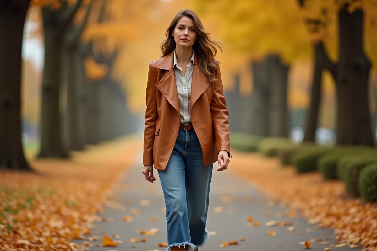 Femme en veste en cuir caramel style blazer et jean wide-leg marchant dans un parc en automne avec feuilles dorées