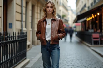 Femme portant une veste en cuir vintage marron et un jean taille haute indigo dans une rue pavée parisienne