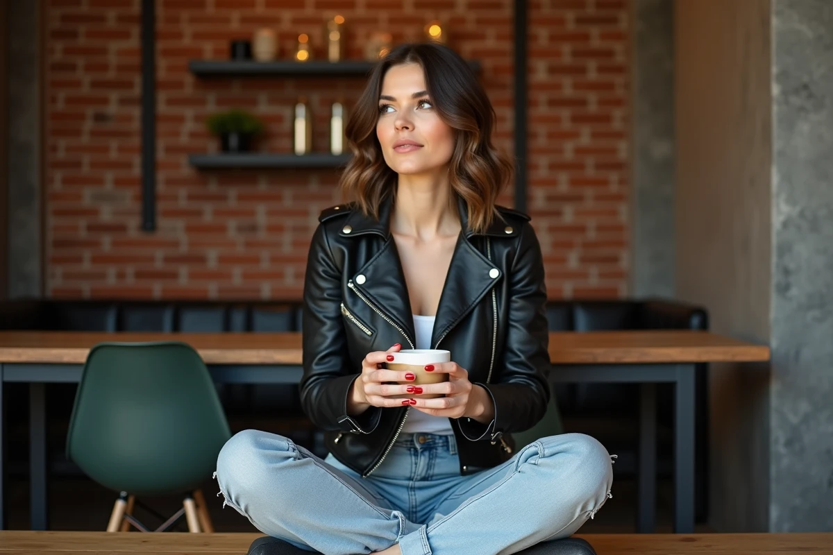 Femme en veste en cuir noire biker et jean clair assise dans un café loft avec murs en briques apparentes